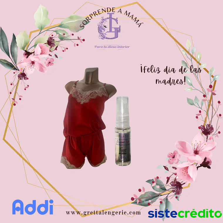 Pijama Satín Susan Talla SM + Splash con Feromonas Coco Vainilla X20ml 1