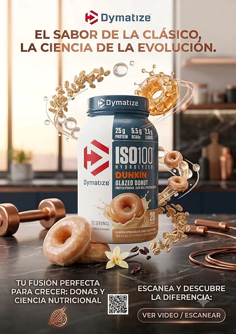 Proteina Iso 100 Dymatize Hidrolizada 1.4 Lbs 20 Servicios Sabor Dunkin Glazed Donut