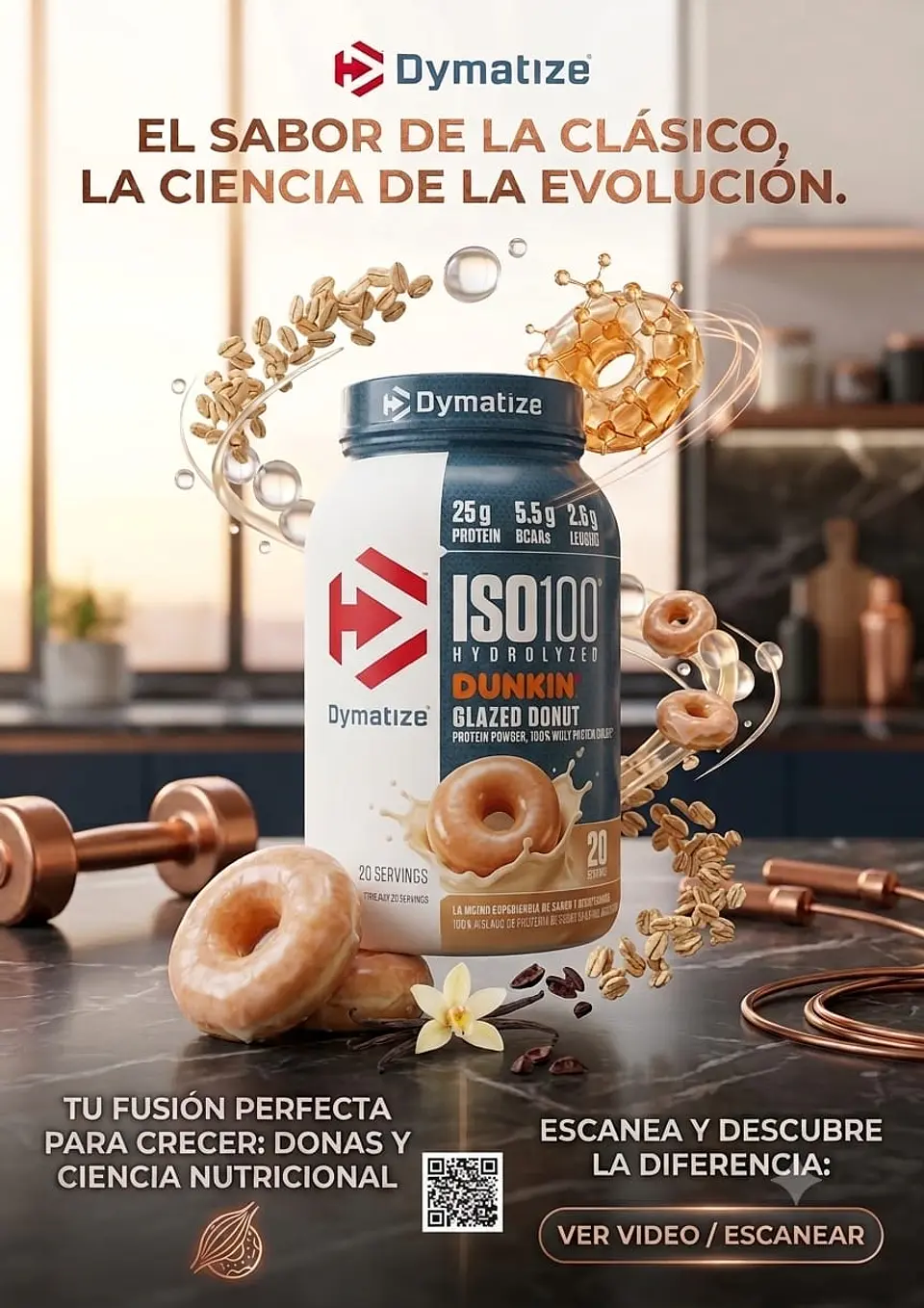 Proteina Iso 100 Dymatize Hidrolizada 1.4 Lbs 20 Servicios Sabor Dunkin Glazed Donut 1