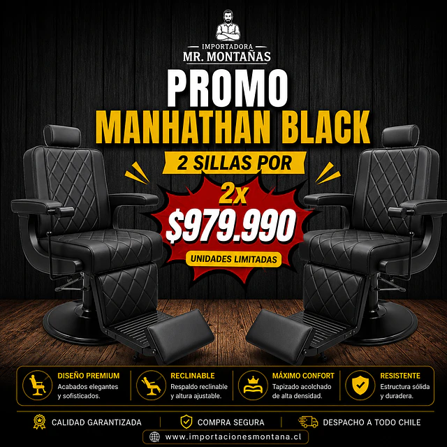 Promo 2 Sillones de Barbería Manhattan Black