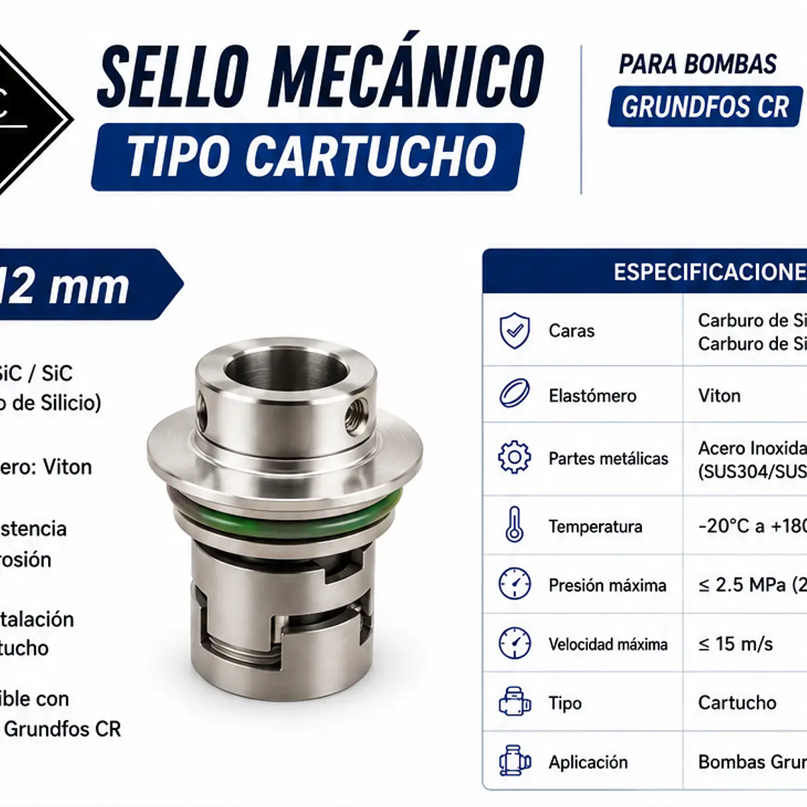 Sello Mecánico Tipo Cartucho 12 mm – SiC/SiC/Viton – Compatible Grundfos CR 1