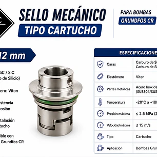 Sello Mecánico Tipo Cartucho 12 mm – SiC/SiC/Viton – Compatible Grundfos CR