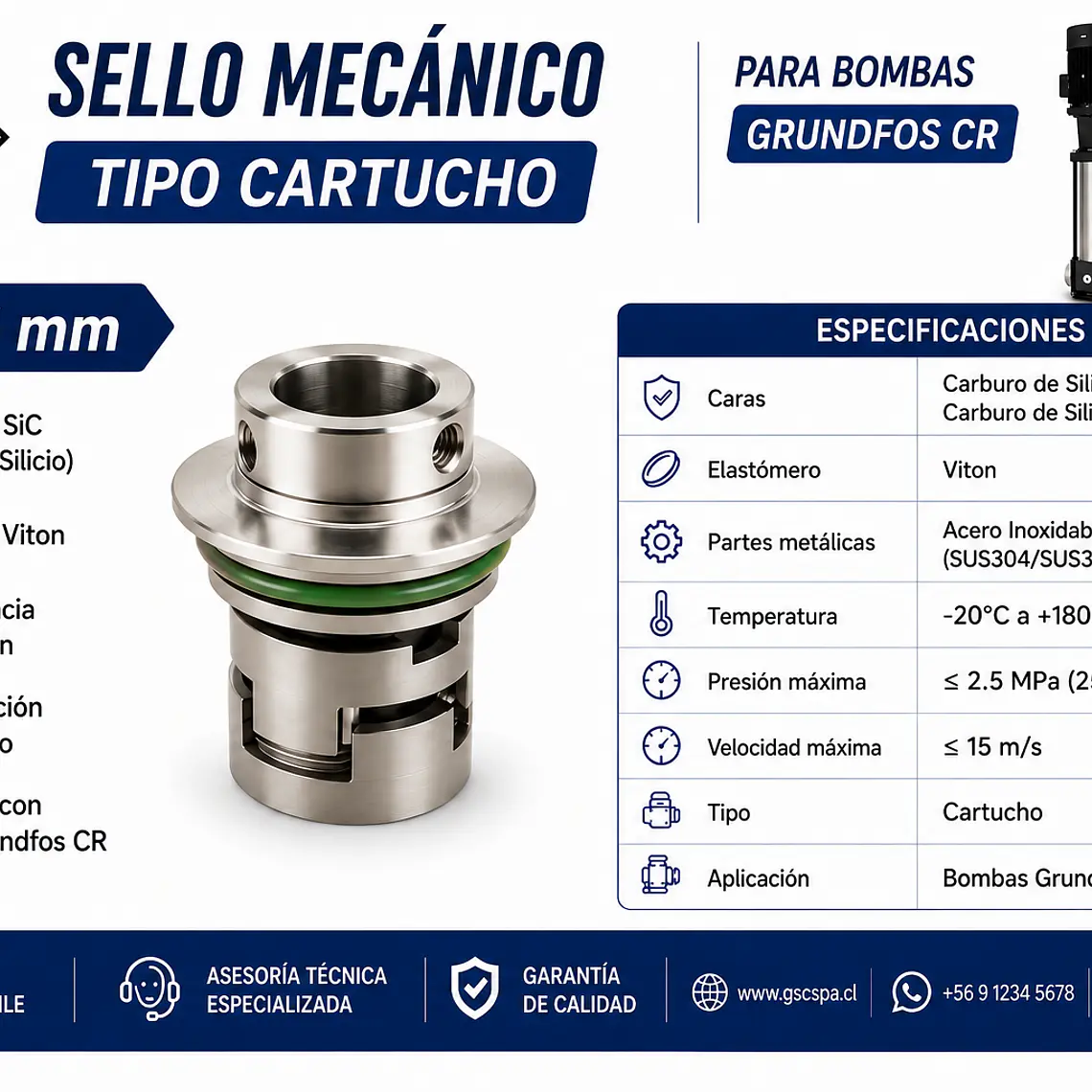 Sello Mecánico Tipo Cartucho 16 mm – SiC/SiC/Viton – Compatible Grundfos CR 1