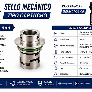 Sello Mecánico Tipo Cartucho 16 mm – SiC/SiC/Viton – Compatible Grundfos CR