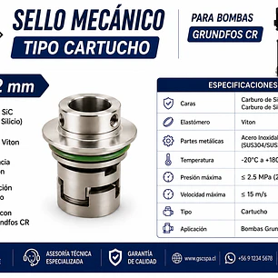 Sello Mecánico Tipo Cartucho 22 mm – SiC/SiC/Viton – Compatible Grundfos CR