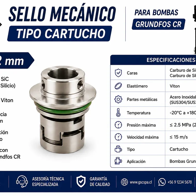 Sello Mecánico Tipo Cartucho 22 mm – SiC/SiC/Viton – Compatible Grundfos CR 1