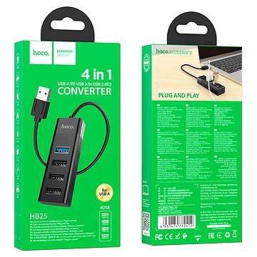 Hub Hoco HB25 4 en 1 USB A USB3.0+USB2.0*3 Negro