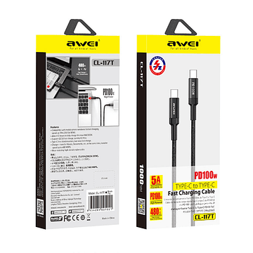 Cable Awei CL-117T Tipo C a C 100W Negro