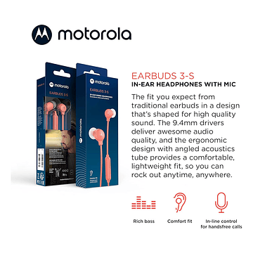 Audifonos Motorola Earbuds 3-S In Ear Jack 3.5mm Peach