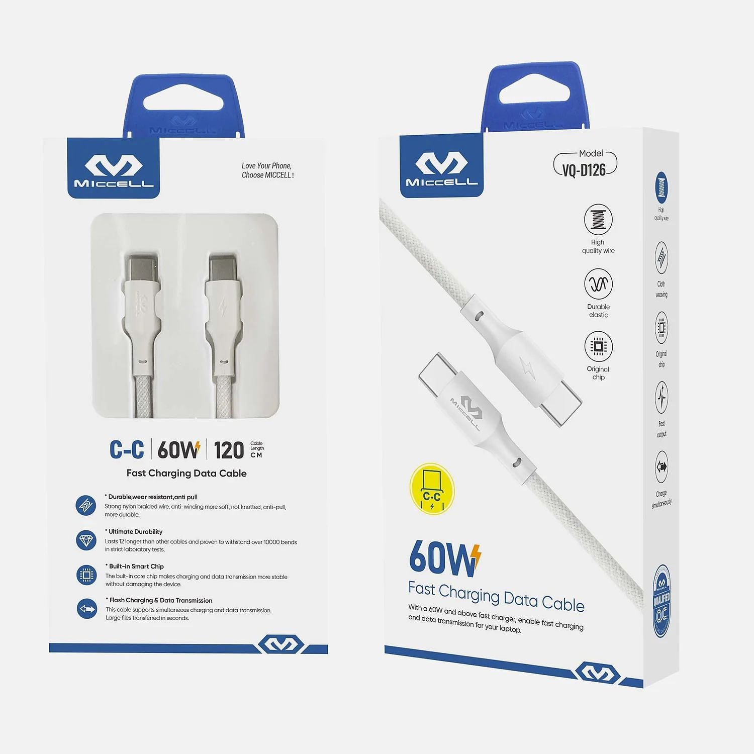 Cable PD a PD 3A 60W Miccell VQ-D126 Blanco 2