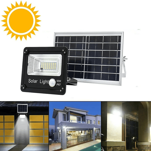 Foco Led 50w + Control Remoto + Sensor de Movimiento + Panel Solar