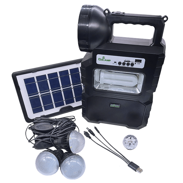 Kit Solar de Camping Para Emergencias 3 Ampolletas + radio Parlante bt Linterna Cclamp cl-810
