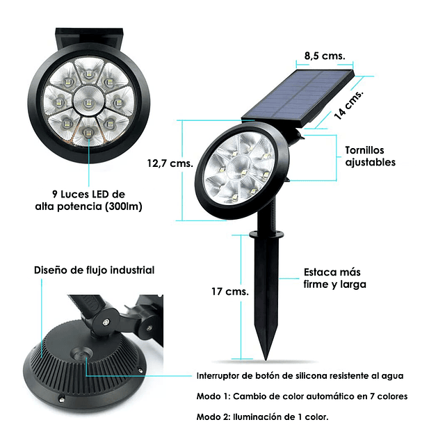 Foco De Exterior Con Panel Solar Luz LED 5050 RGB 5W. IP55 / GTI Modelo WG-092