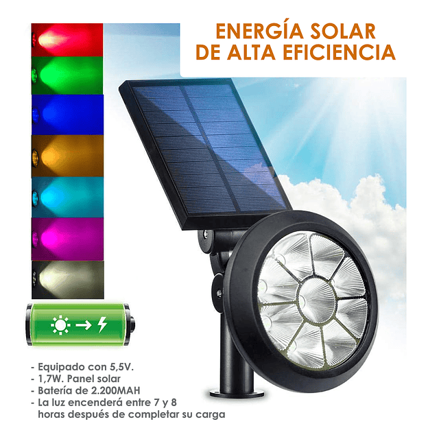 Foco De Exterior Con Panel Solar Luz LED 5050 RGB 5W. IP55 / GTI Modelo WG-092