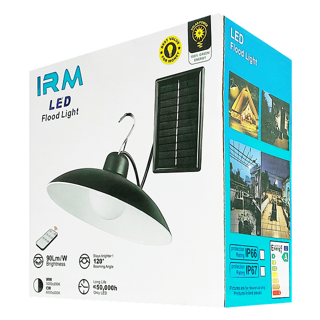 Lámpara Colgante Solar LED Recargable Con Ampolleta, Panel Solar y Control Remoto 30W. IP44 Para Techo / IRM