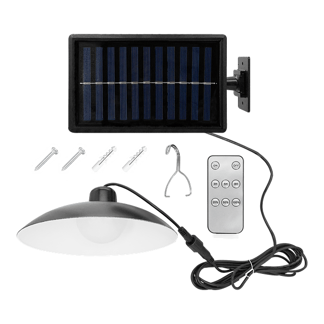 Lámpara Colgante Solar LED Recargable Con Ampolleta, Panel Solar y Control Remoto 30W. IP44 Para Techo / IRM