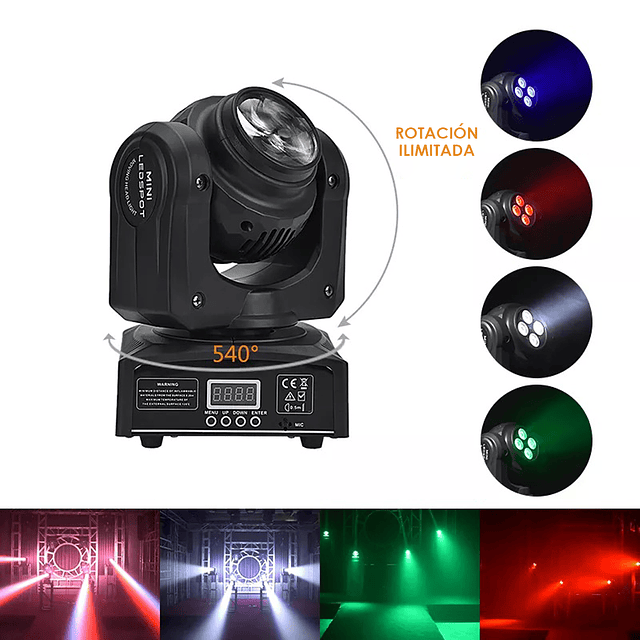 Foco Profesional De Iluminación 4 En 1 LED RGB 100W. DMX512 Con Cabezal Móvil De Doble Cara Para Fiestas y Eventos / GTI