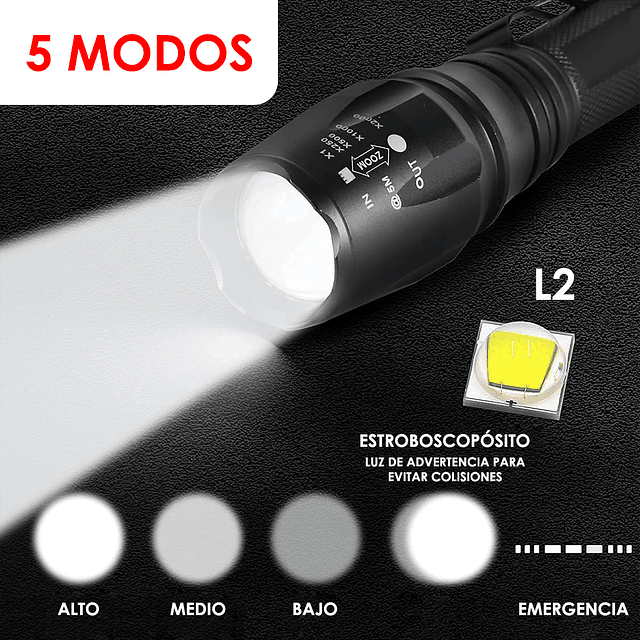 Linterna Táctica De 18.000 Lúmenes IP65 - Con Luz LED y Dos Baterías Recargables / Swat