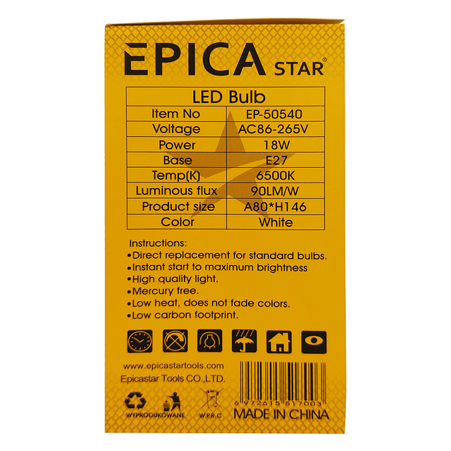 Ampolleta LED De 18W. - Luz Fría / Epica Star Modelo EP-50540