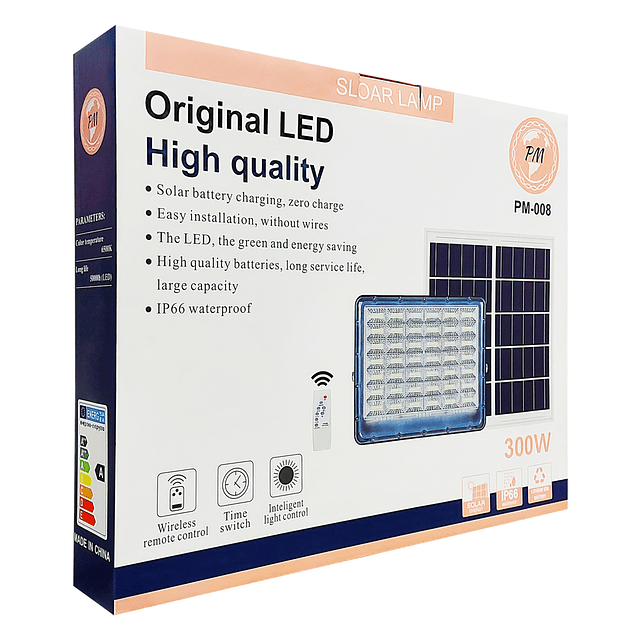 Foco LED De 300W. IP66 + Panel Solar + Control Remoto / PM Modelo PM-008