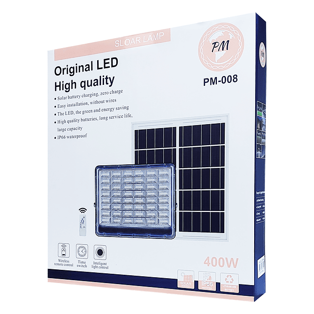 Foco LED De 400W. IP66 + Panel Solar + Control Remoto / PM Modelo PM-008