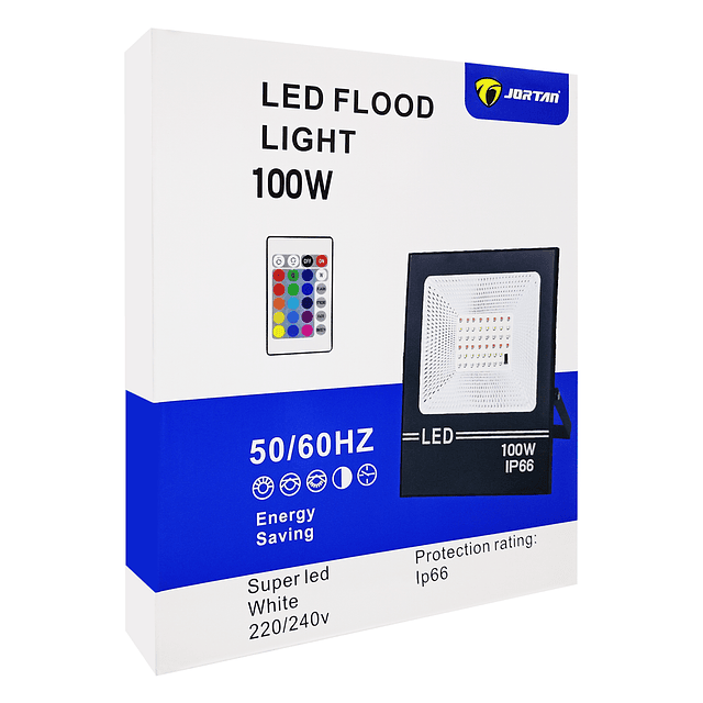 Foco Proyector LED RGB 100W. IP66 6500K Con Control Remoto / Jortan Modelo TP100WRGB