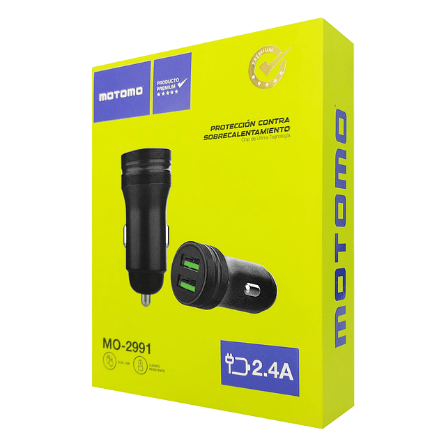 Cargador de Vehículo con Doble Puerto USB y Salida Total de 2.4A. / Motomo Modelo MO-2991