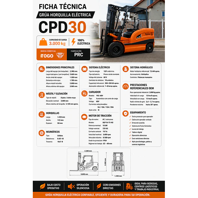 Grúa Horquilla Eléctrica TOGO CPD30 – Capacidad 3.000 kg