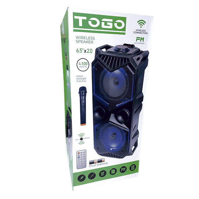 PARLANTE TOGO BLUETOOTH KARAOKE MICROFONO INALAMBRICO DOBLE BATERIA 4500W MOD. TOGO-778