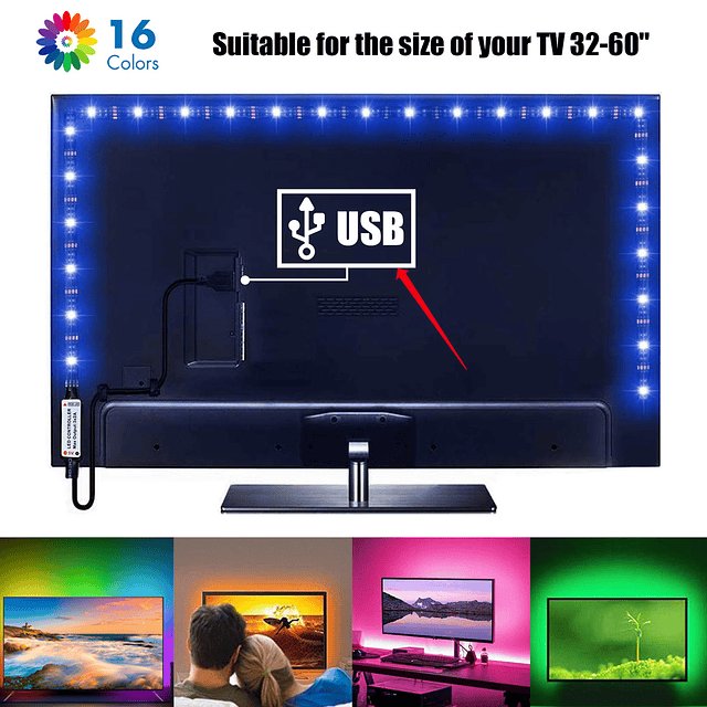 Tira Led para TV RGB USB PC Felxible + Control Remoto