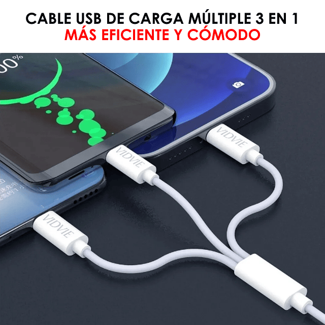 Cable USB De Carga Múltiple 3 En 1 (Micro USB - iOS - Tipo C) 1.20 Mts. De Largo / Vidvie Modelo CB4003