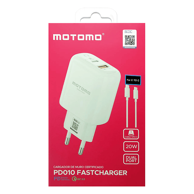 Cargador Certificado de Carga Rápida - 20W. USB 3.0 y USB Tipo C con Cable Tipo C a Tipo C / Motomo Mod. PD010