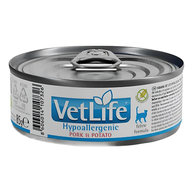 VETLIFE 85 GRS. LATA GATO HYPO CERDO & PAPA 