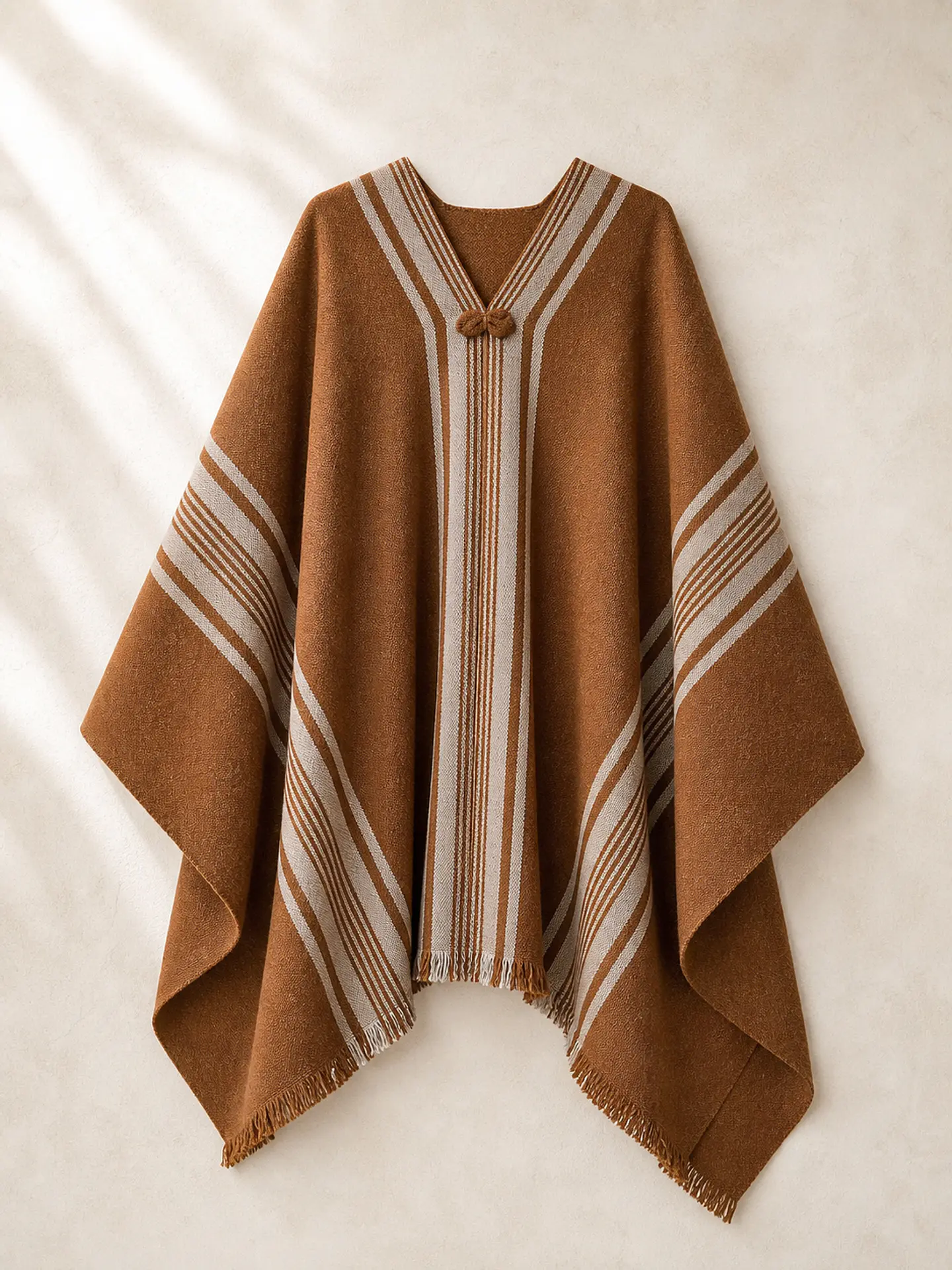 Poncho tradicional color Camel - Listado cordoncillo Beige. 1