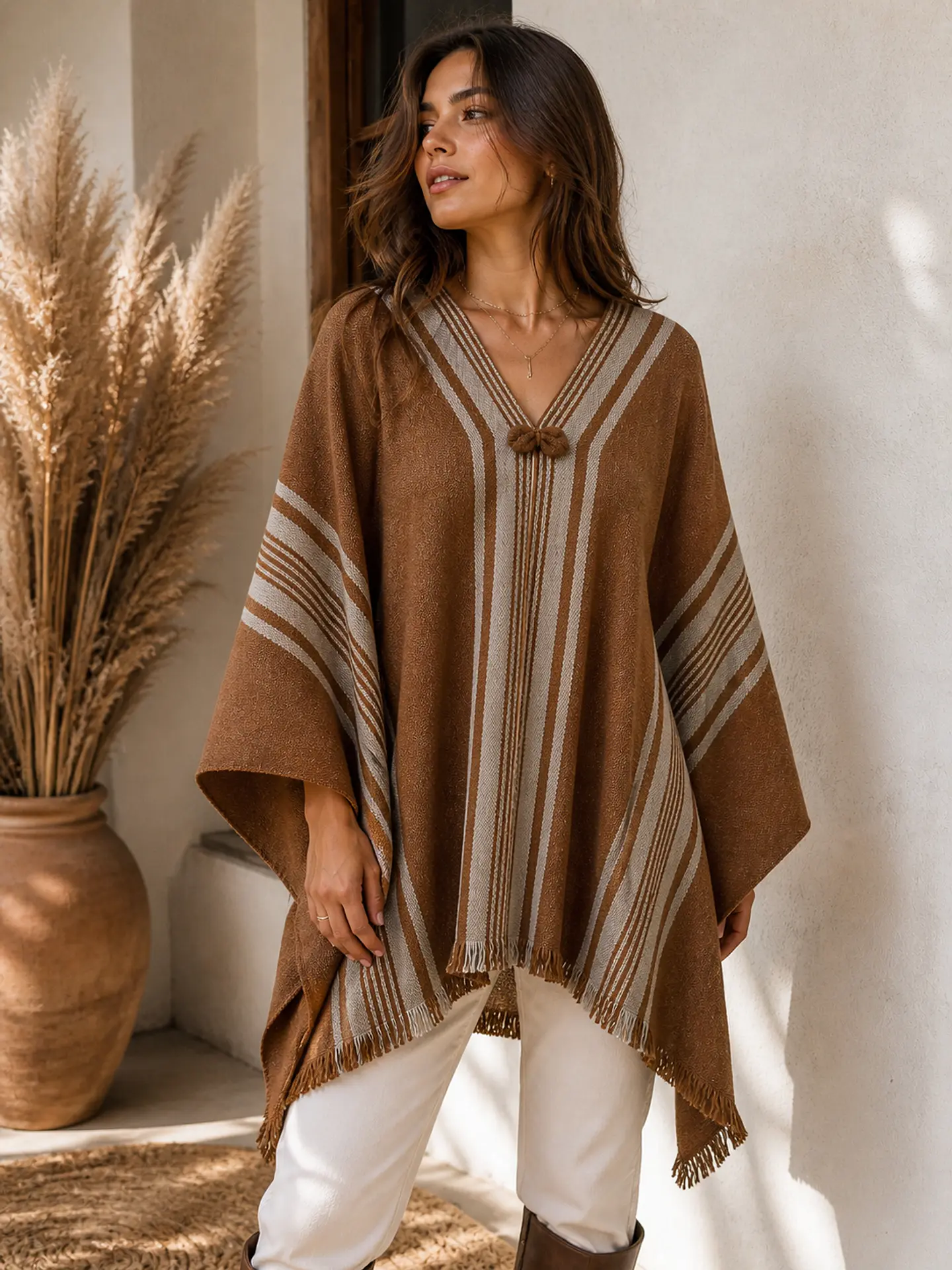 Poncho tradicional color Camel - Listado cordoncillo Beige. 4