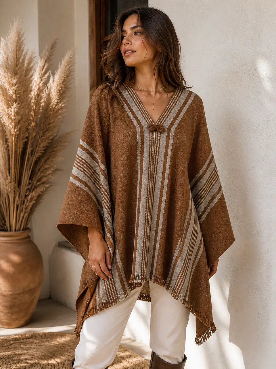Poncho tradicional color Camel - Listado cordoncillo Beige. 4