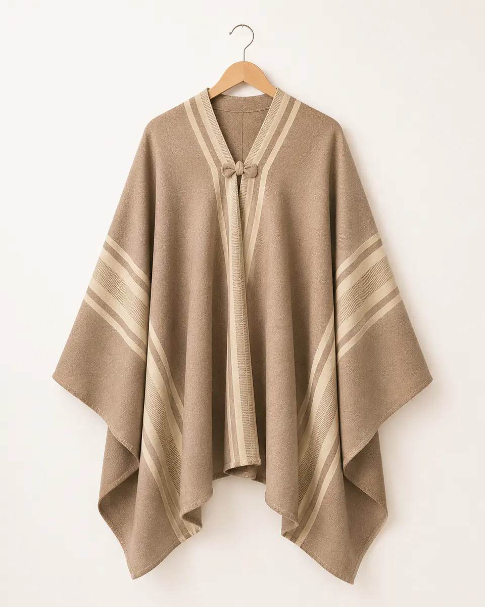 Poncho Tradicional - Color Bisón - con Listado Peinecillo Beige. 1