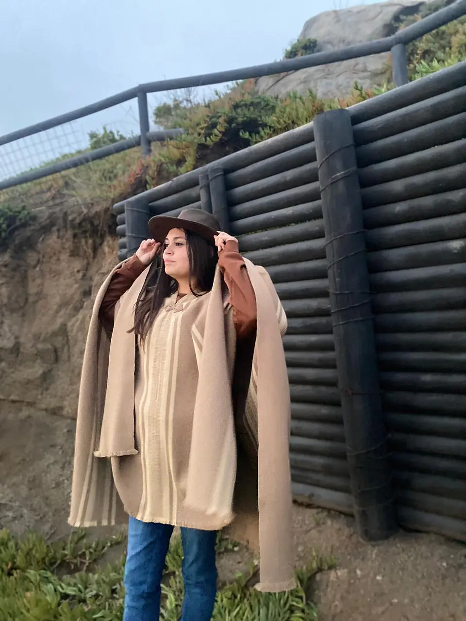 Poncho Tradicional - Color Bisón - con Listado Peinecillo Beige. 2