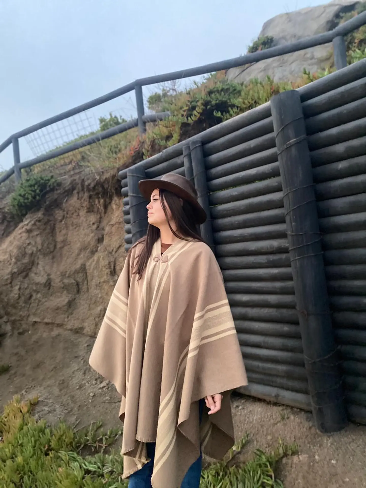 Poncho Tradicional - Color Bisón - con Listado Peinecillo Beige. 3