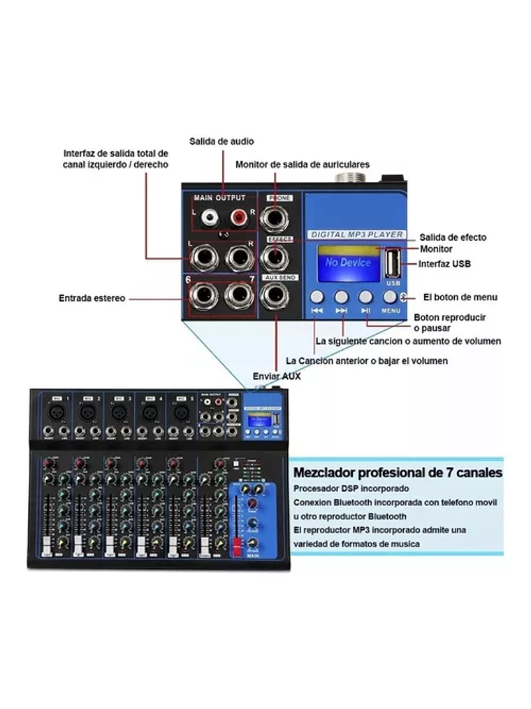 Consola Mezcladora De Audio Portátil 7 Canales 3