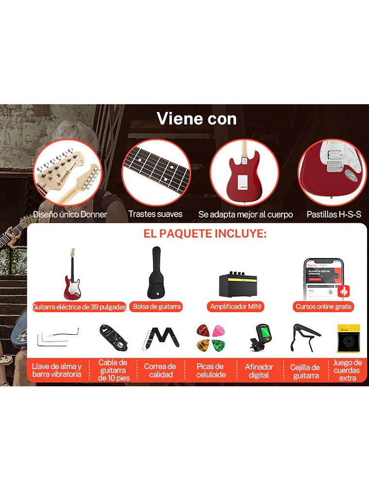 DST-100R Pack De Guitarra Eléctrica Roja Donner  7