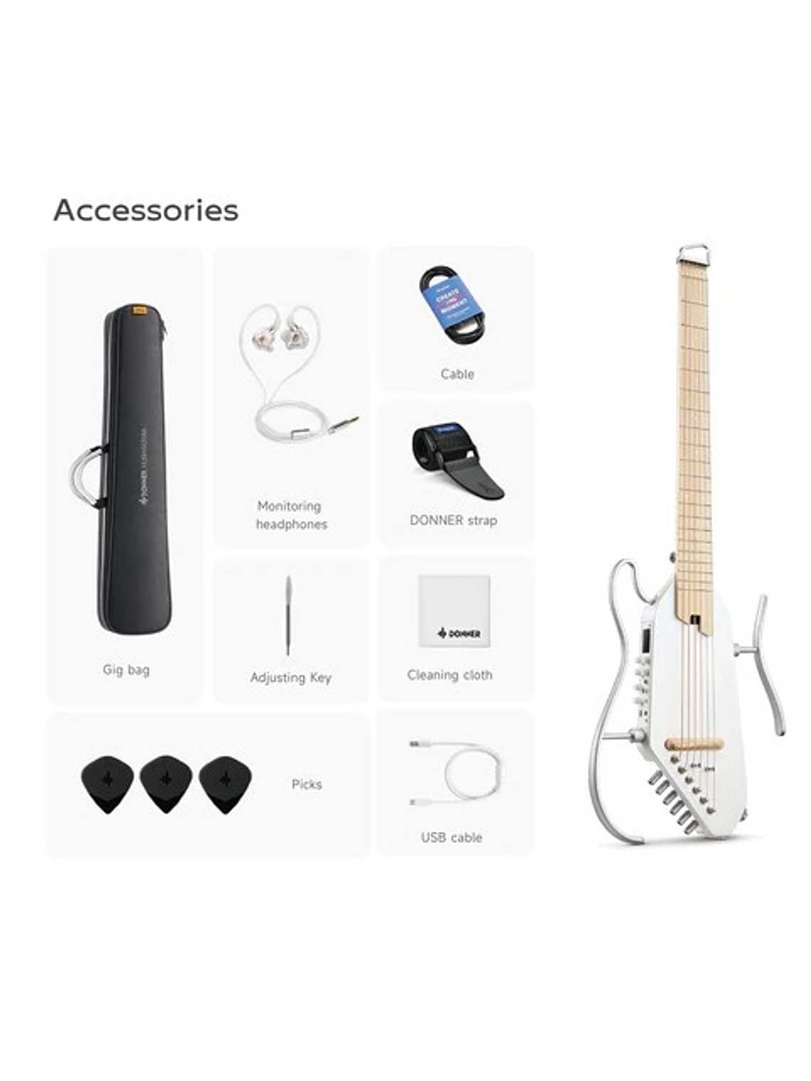 HUSH-I Pro Guitarra Electroacústica, Color Blanco, Donner 3