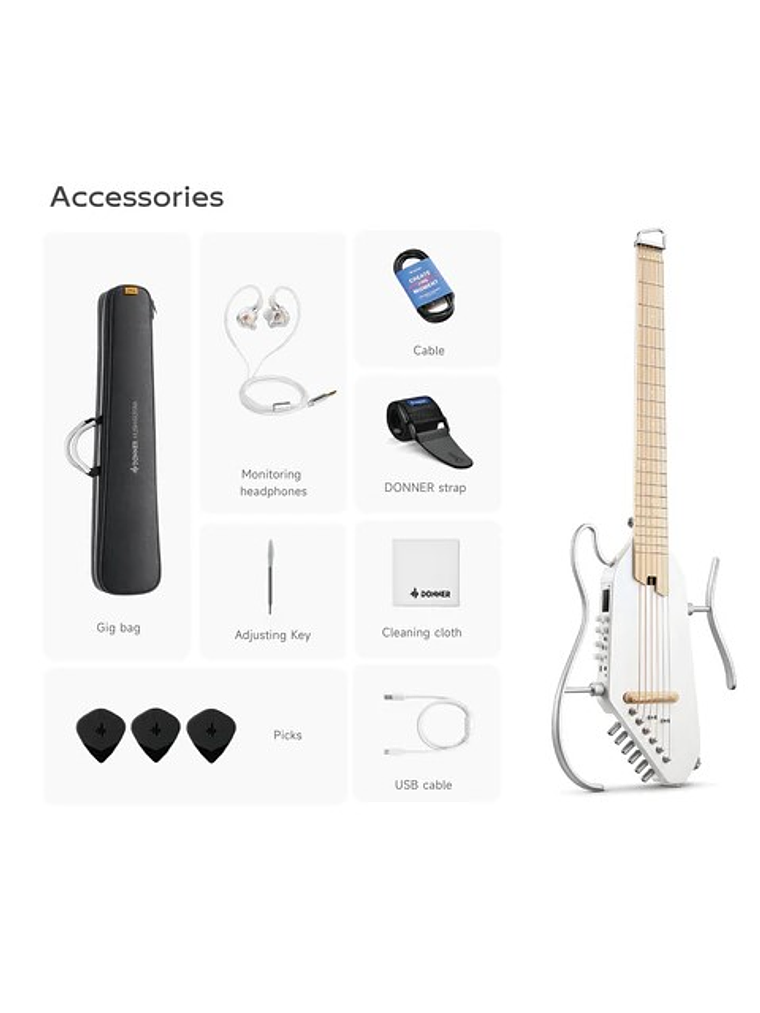 HUSH-I Pro Guitarra Electroacústica, Color Blanco, Donner 3