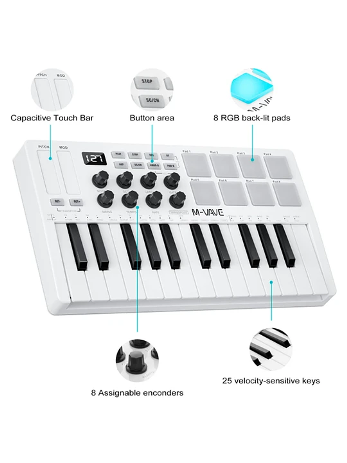 M-Vave SMK25 - Controlador MIDI Bluetooth Blanco 2