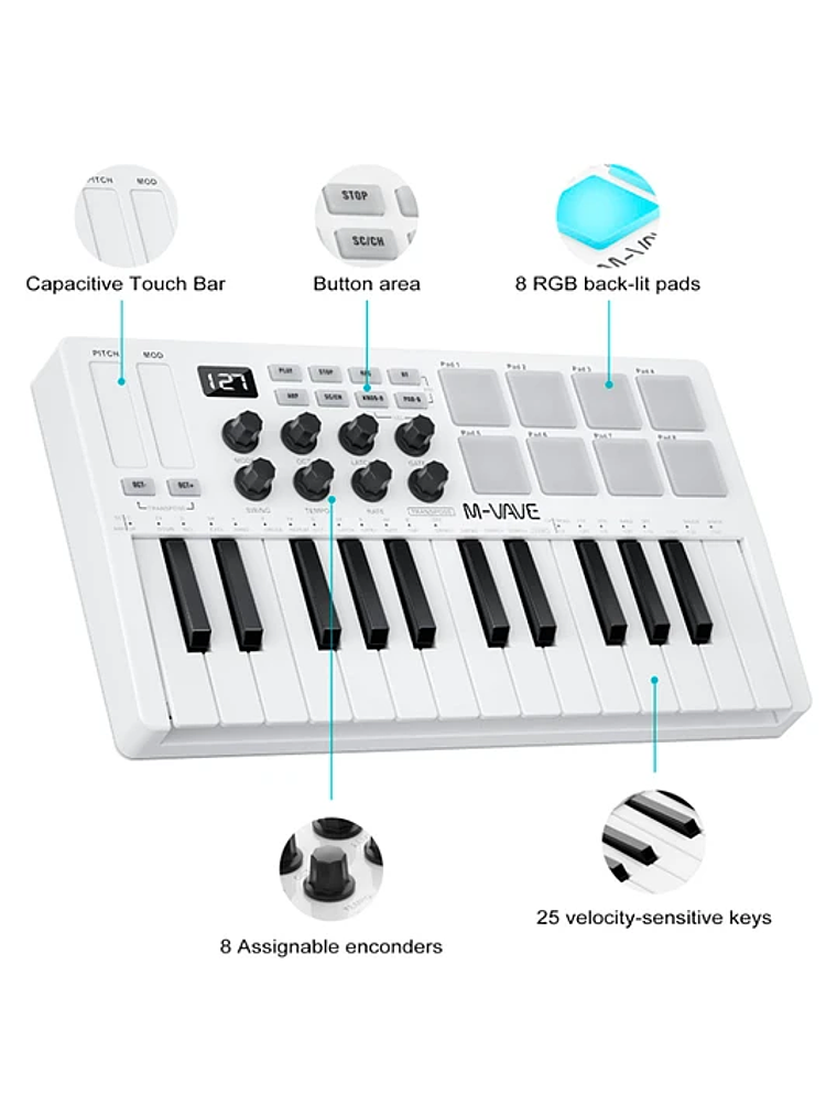 M-Vave SMK25 - Controlador MIDI Bluetooth Blanco 2