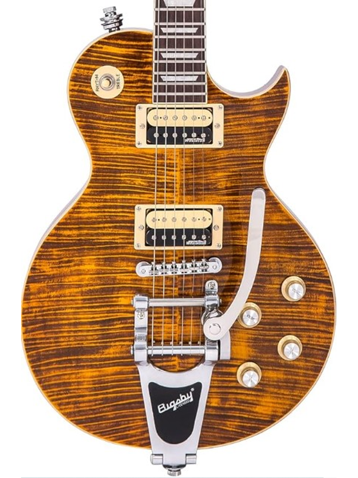 V100AMB Guitarra Eléctrica Vintage Reeditada Con Bigsby Ámbar Flameado Vintage 5