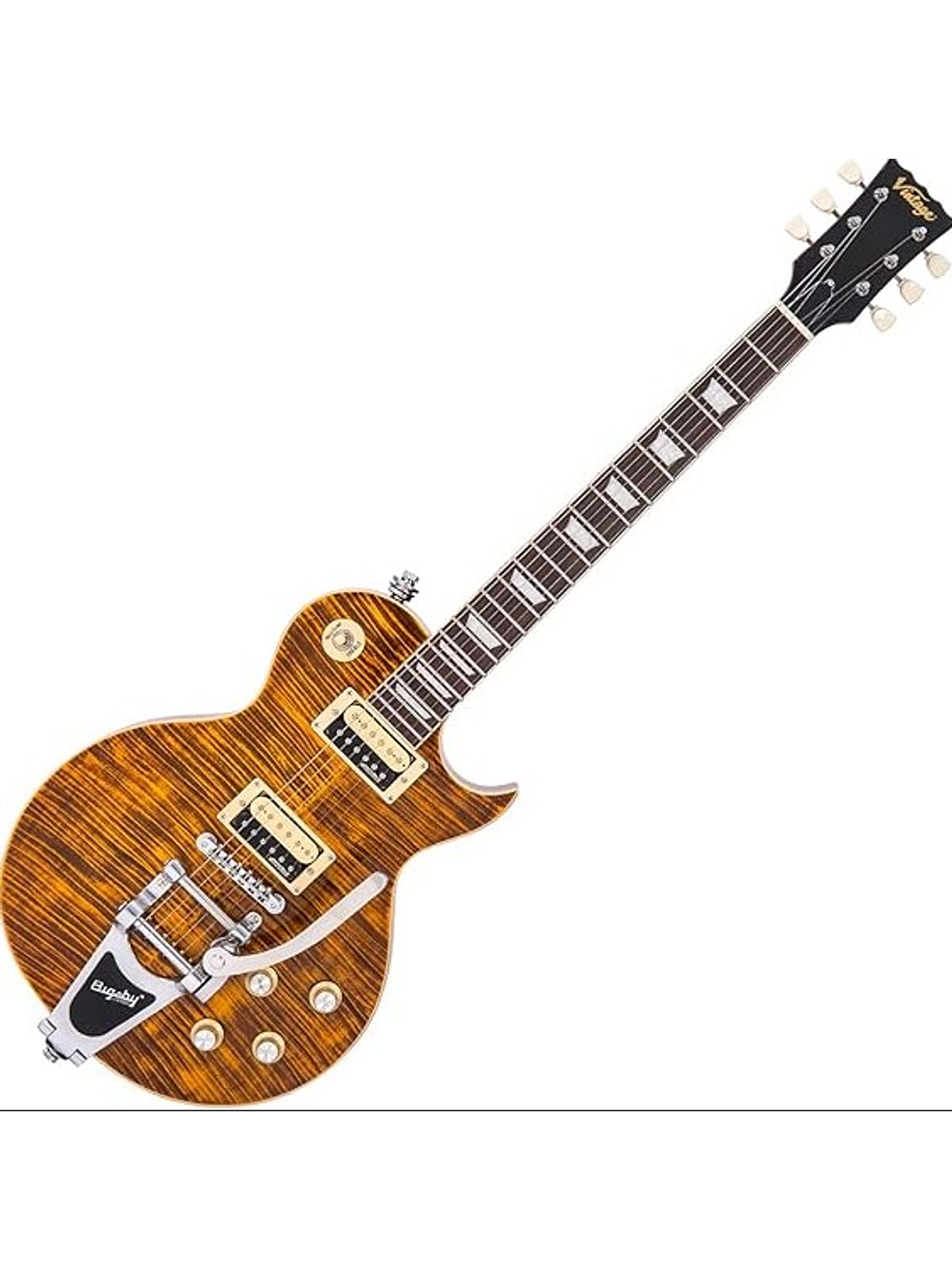 V100AMB Guitarra Eléctrica Vintage Reeditada Con Bigsby Ámbar Flameado Vintage 1