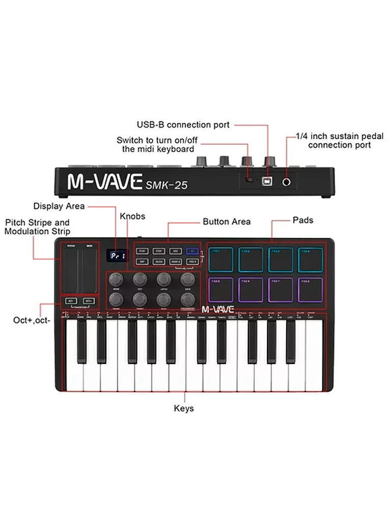 M-Vave SMK25 - Controlador MIDI Bluetooth Negro 5