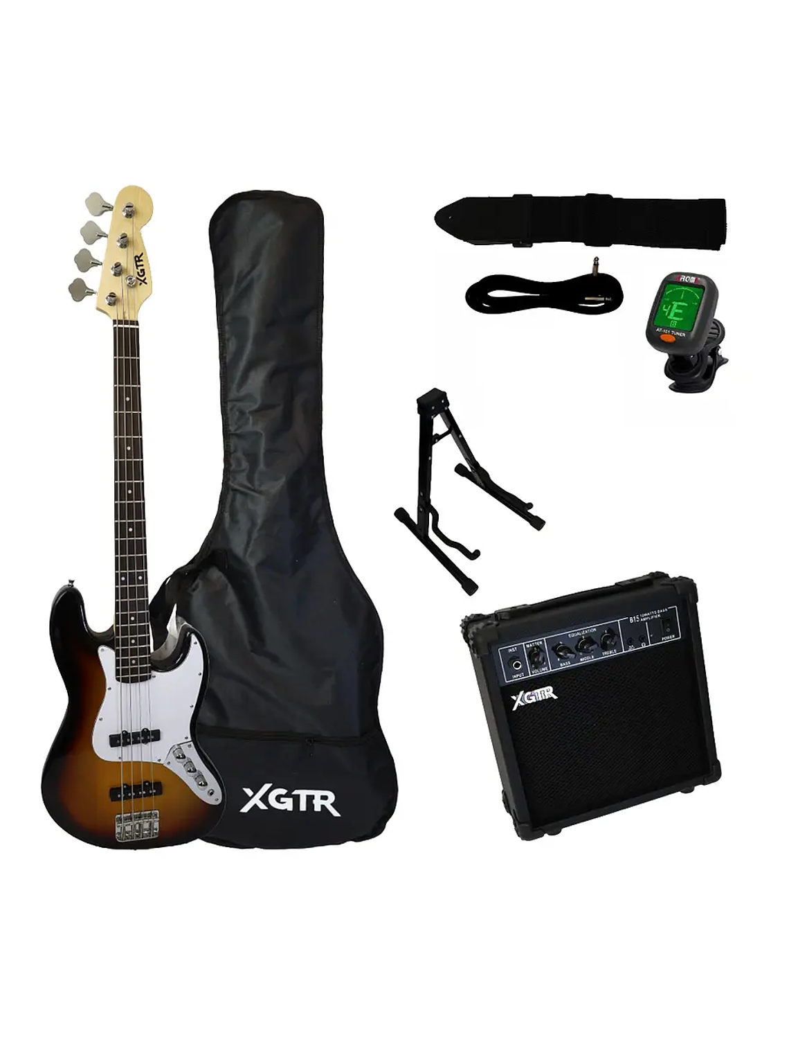 Pack Bajo Eléctrico Jazz Sunburst JB100 SB, Amp 15w XGTR 1