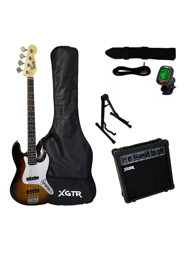 Pack Bajo Eléctrico Jazz Sunburst JB100 SB, Amp 15w XGTR 1